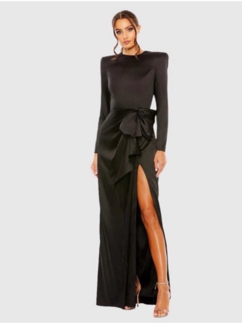 Mac Duggal 26676 Ieena Size 10 Long Sleeve Structured Bow Draped Gown Black  NWT